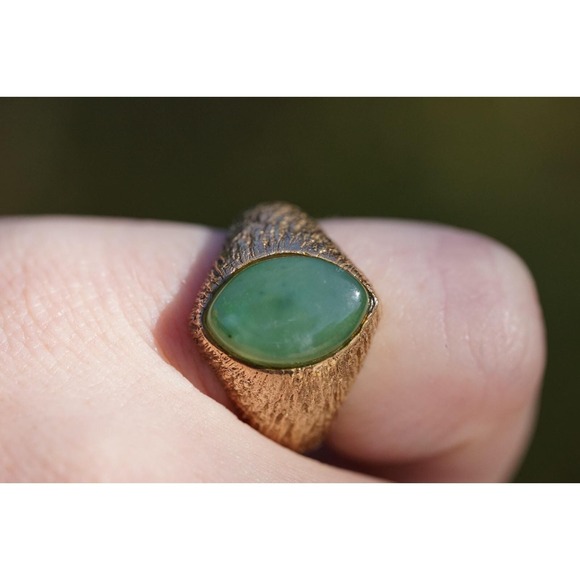 Vintage 14k Solid Gold Men's Natural Jade Ring Thick Band -‎ Heavy Size 8